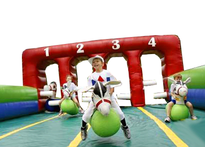Kids riding inflatable horse race game